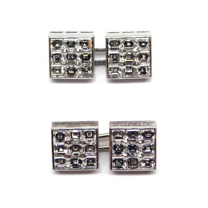 Pair of mid-20th century square panel diamond cluster cufflinks